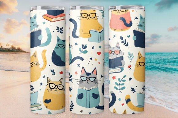 Cat Graphics for Tumbler Wraps Reading Book Cat Kitty Design